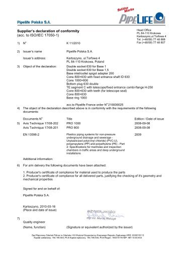 Supplier's declaration of conformity (acc. to ISO/IEC 17050-1)