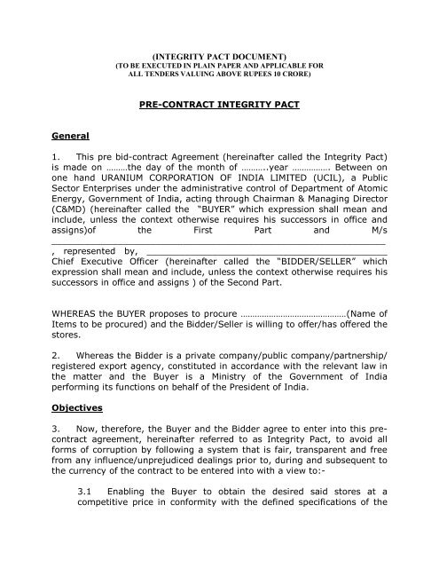 (INTEGRITY PACT DOCUMENT) PRE-CONTRACT ... - (UCIL).....