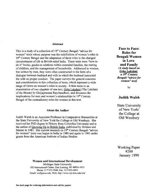 Roles For Bengali Women In Love And Family Judith Walsh