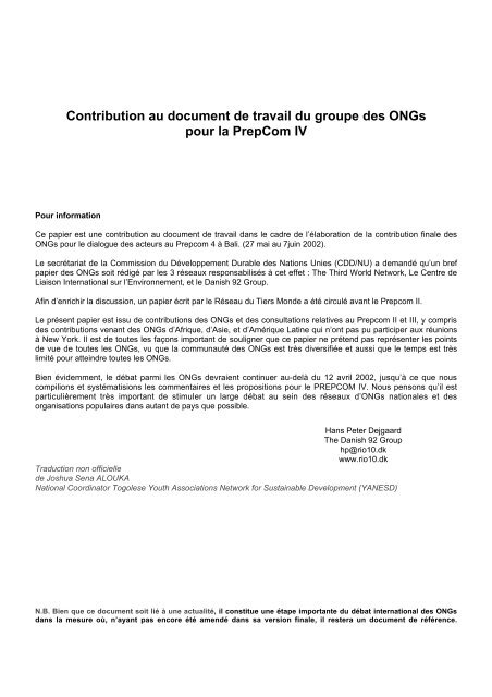 Contribution au document de travail du groupe des ONGs pour la ...