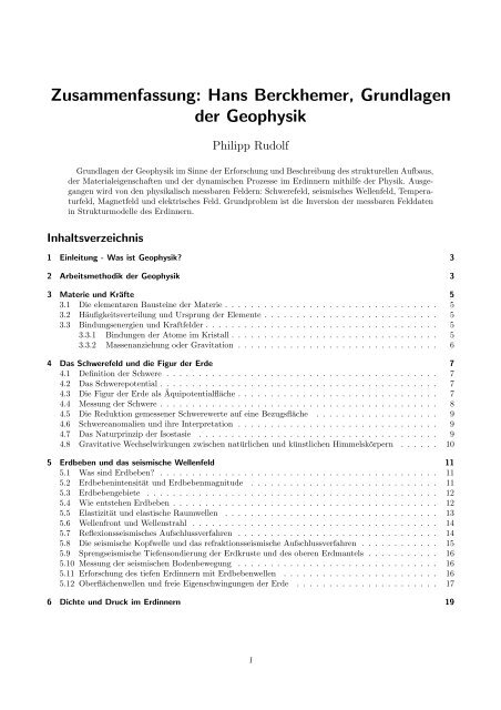 Zusammenfassung: Hans Berckhemer, Grundlagen der Geophysik