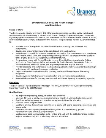 Environmental, Safety, and Health Manager Job Description