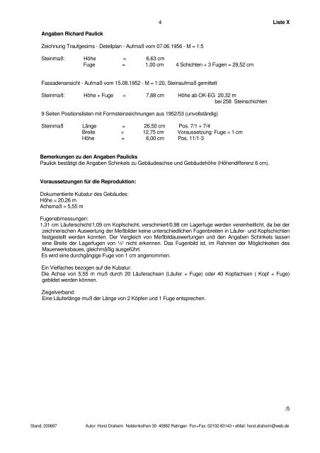 MaÃanalyse der Schinkelschen Fassaden, Stand ... - Draheim, Horst