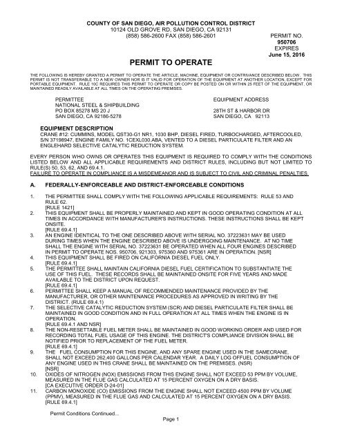 Proposed Permit to Operate - Air Pollution Control District