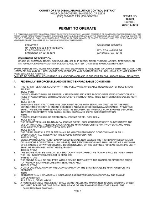 Proposed Permit to Operate - Air Pollution Control District
