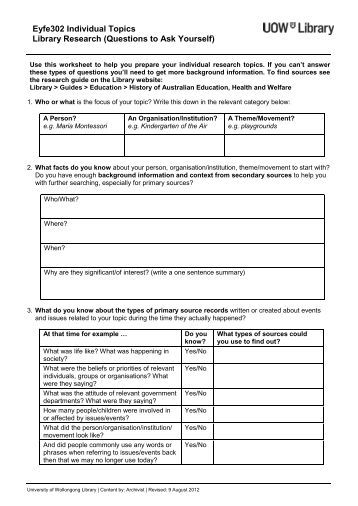 example of library research worksheet Library assignment worksheet instructions: choose a topic using different electronic databases and the world wide web (www), complete the following table by identifying current sources relevant. example of library research worksheet Library assignment worksheet instructions: choose a topic using different electronic databases and the world wide web (www), complete the following table by identifying current sources relevant.