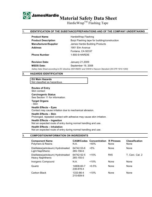 MSDS for HardieWrapÂ® flashing tape - James Hardie