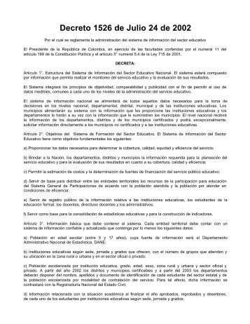 Decreto 1526 de Julio 24 de 2002 - Ministerio de Educación Nacional