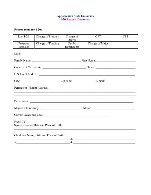 Appalachian State University I-20 Request Document Reason form ...