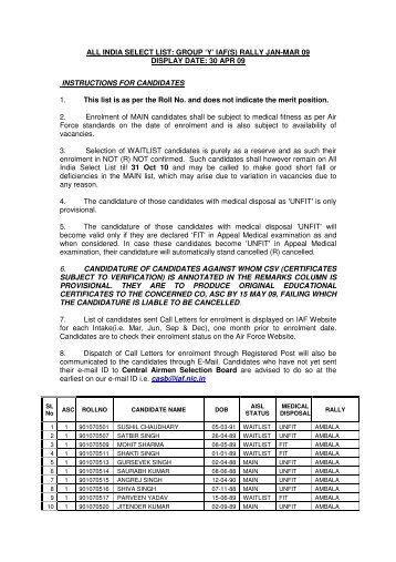 ALL INDIA SELECT LIST: GROUP 'Y' IAF(S) RALLY ... - Indian Airforce