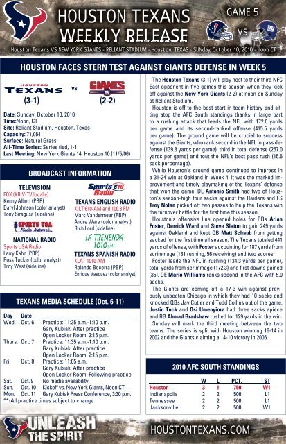 HOUSTON TEXANS WEEKLY RELEASE - NFL.com