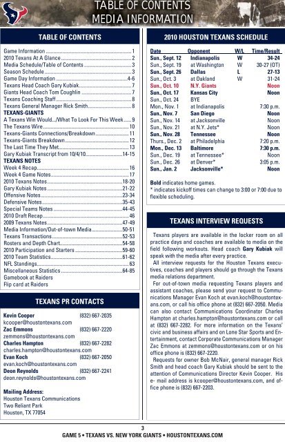 HOUSTON TEXANS WEEKLY RELEASE - NFL.com