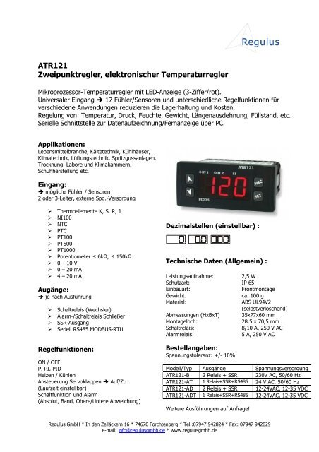 ATR121 Zweipunktregler, elektronischer Temperaturregler