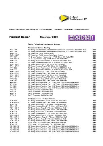 Prijslijst Radian - Holland Audio Import