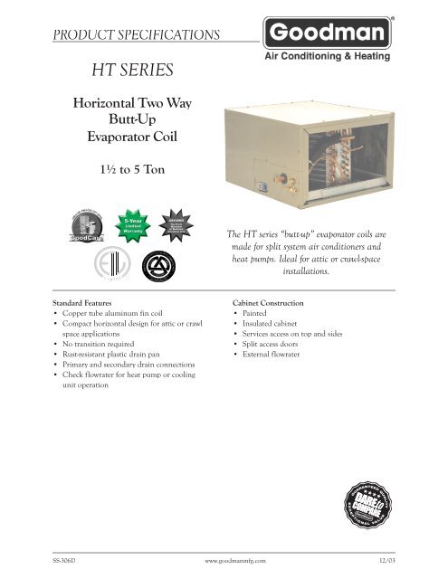 Evaporator Coil Spec Sheet HT Series - Alpine Home Air Products