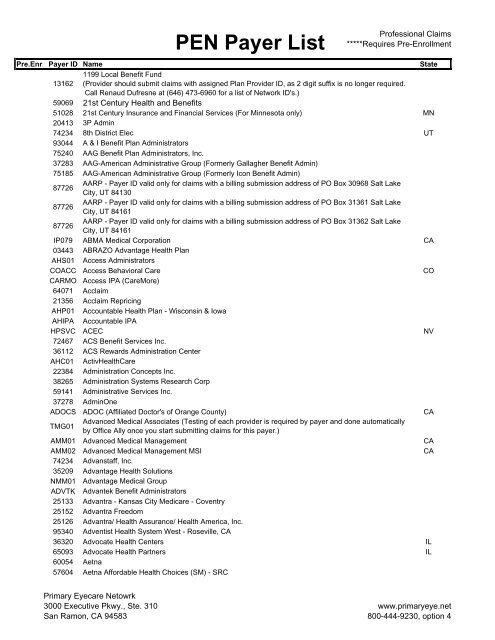 Pen Payer List Primary Eyecare Network