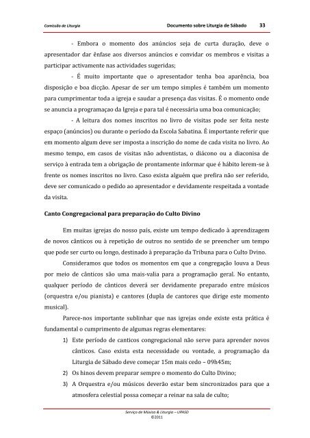 Documento sobre Liturgia de SÃ¡bado - Igreja Adventista do SÃ©timo ...