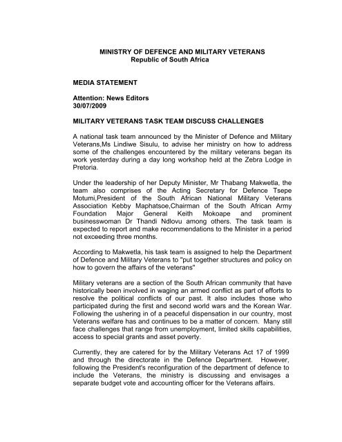 Media Release by the Ministry of Defence and Military Veterans