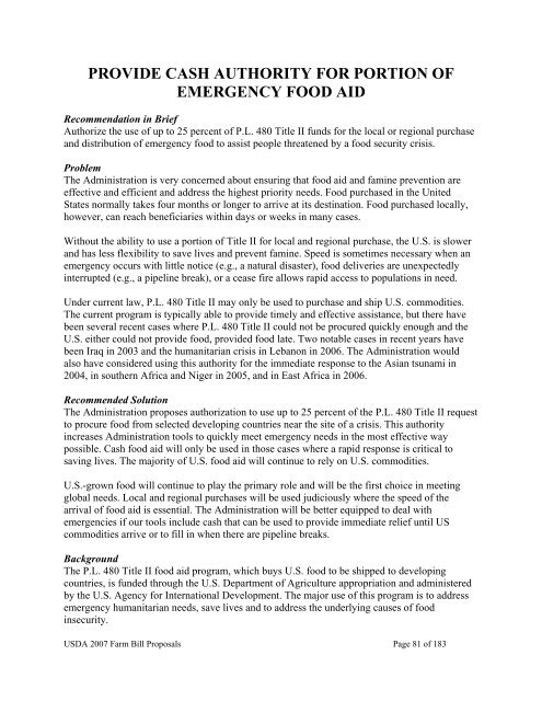 USDA 2007 Farm Bill Proposals - US Department of Agriculture