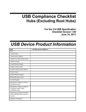 USB Compliance Checklist USB Device Product Information - USB.org