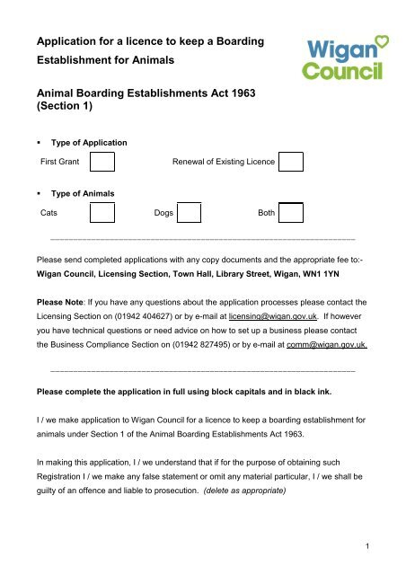 Animal Boarding Application Form - Wigan Council