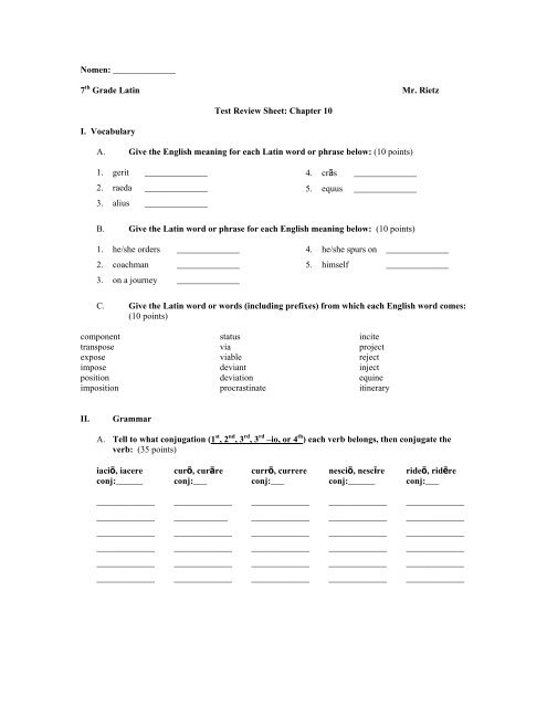 7th Grade Latin Mr. Rietz Test Review Sheet ... - Bgawebsites.org