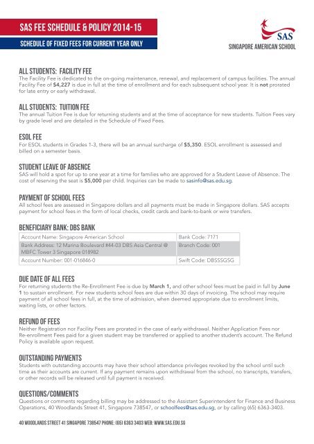 Fee Schedule - Singapore American School