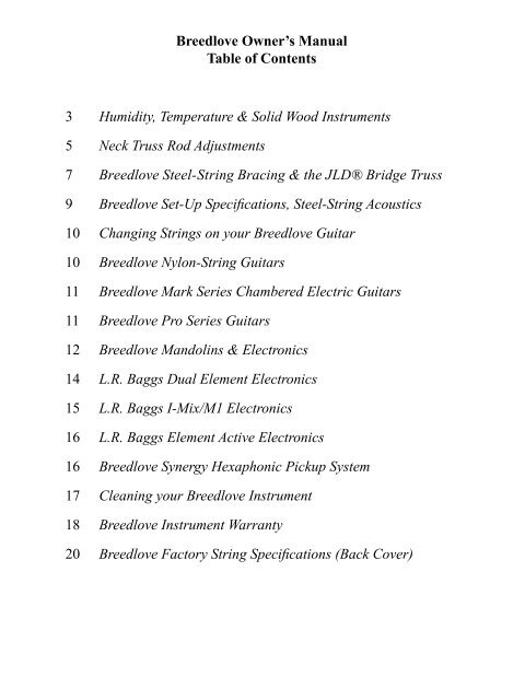 Breedlove Owner's Manual - Breedlove Guitar Company