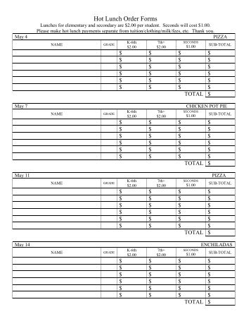 Hot Lunch Order Forms