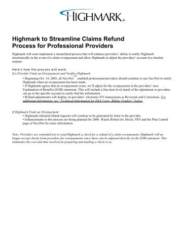 Highmark to Streamline Claims Refund Process for Professional ...