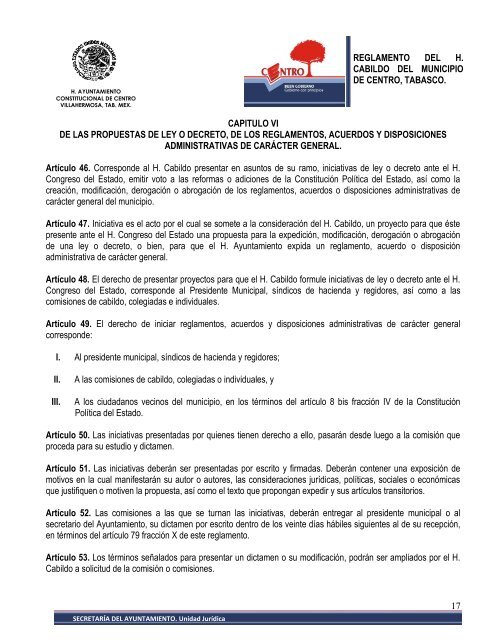 Reglamento del H. Cabildo del Municipio - Villahermosa