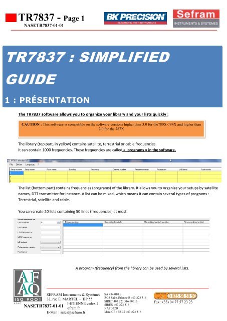 TR7837 : SIMPLIFIED GUIDE - Sefram
