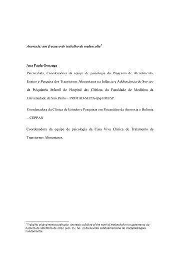 Anorexia: um fracasso do trabalho da melancolia Ana Paula ...