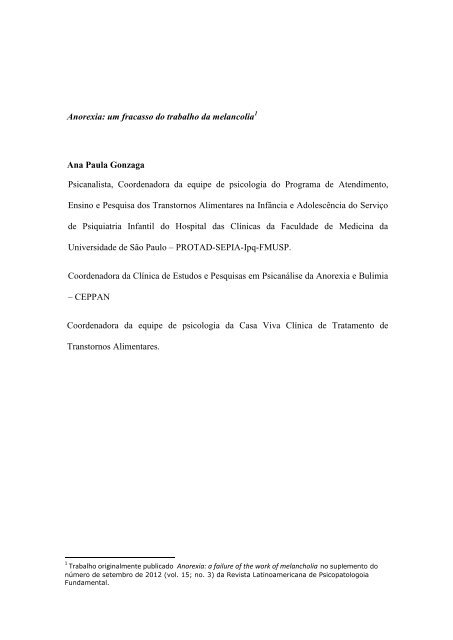 Anorexia: um fracasso do trabalho da melancolia Ana Paula ...