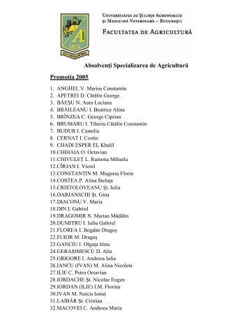 AbsolvenÃ…Â£i Specializarea de AgriculturÃ„Âƒ PromoÃ…Â£ia 2005