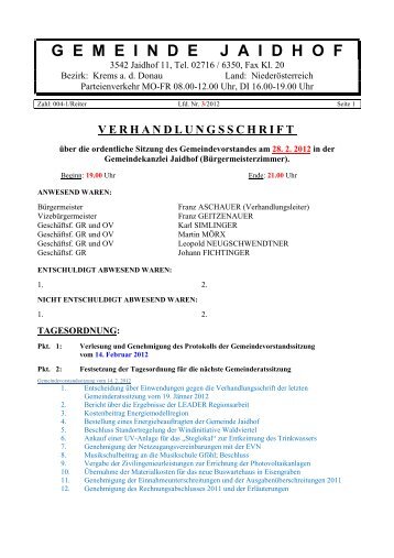 Vorstandsprotokoll vom 28. 2. 2012 - Gemeinde Jaidhof