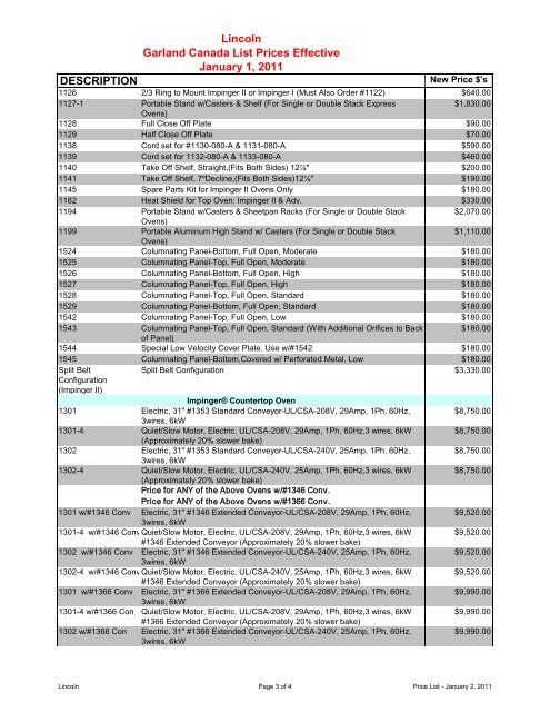 Lincoln Price List - Garland - Canada