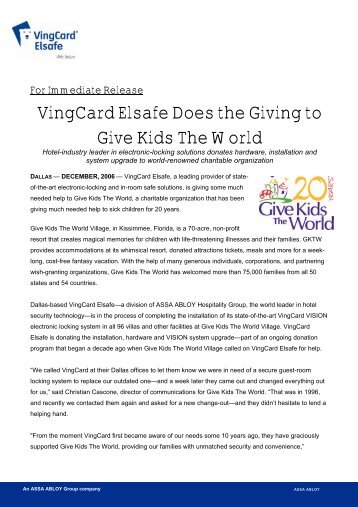 VingCard Elsafe Does the Giving to Give Kids The World