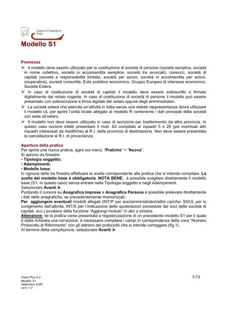 Fedra - Istruzioni compilazione modello S1 - CCIAA di Prato