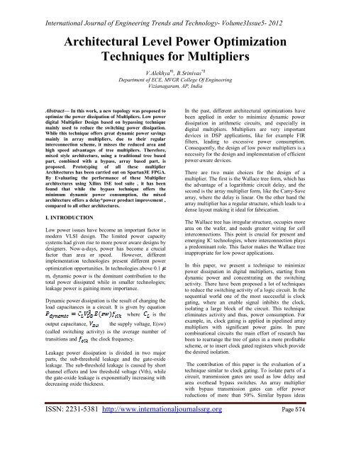 Architectural Level Power Optimization Techniques for Multipliers