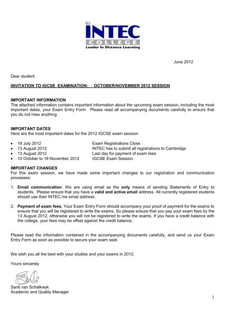 1 June 2012 Dear student INVITATION TO IGCSE ... - INTEC College