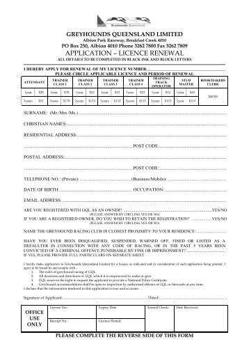 renewal application - Greyhounds Queensland