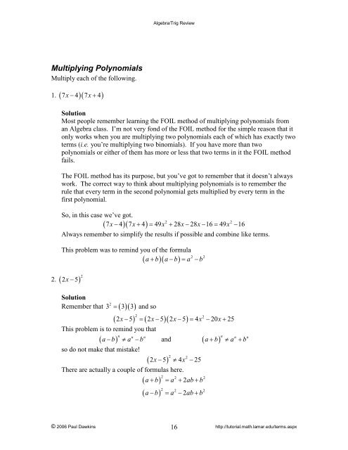 Algebra/Trig Review - Pauls Online Math Notes - Lamar University