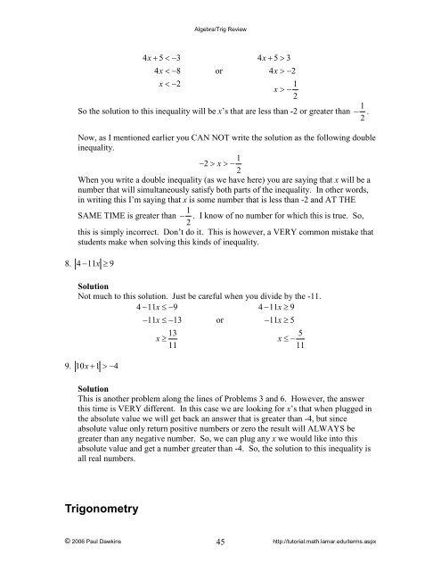 Algebra/Trig Review - Pauls Online Math Notes - Lamar University