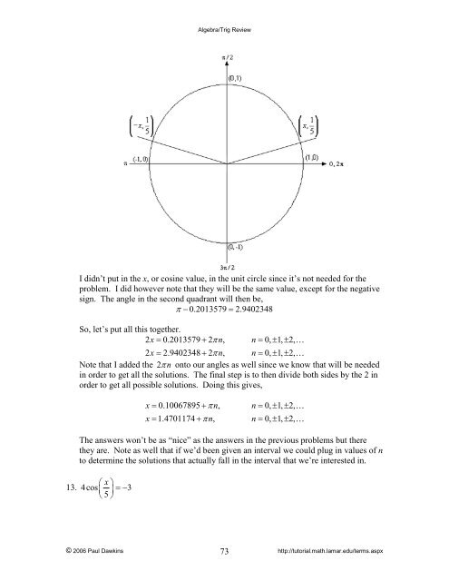 Algebra/Trig Review - Pauls Online Math Notes - Lamar University