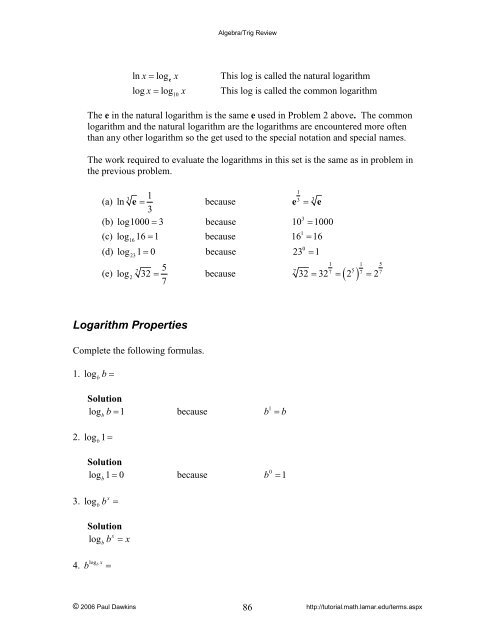 Algebra/Trig Review - Pauls Online Math Notes - Lamar University