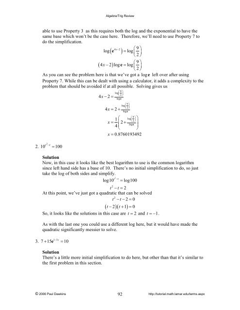 Algebra/Trig Review - Pauls Online Math Notes - Lamar University