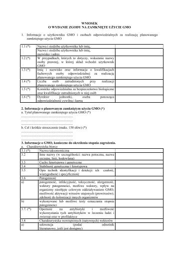 WNIOSEK O WYDANIE ZGODY NA ZAMKNIĘTE UŻYCIE GMO 1 ...