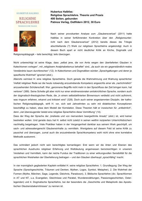 Hubertus Halbfas Religiöse Sprachlehre Theorie Und Praxis - 