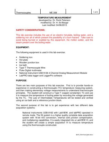 Thermocouple Lab - for H. Ed Bargar, PhD, PE